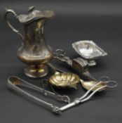 A miscellaneous collection of silver plated items and a pair of silver sugar tongs. H.18cm