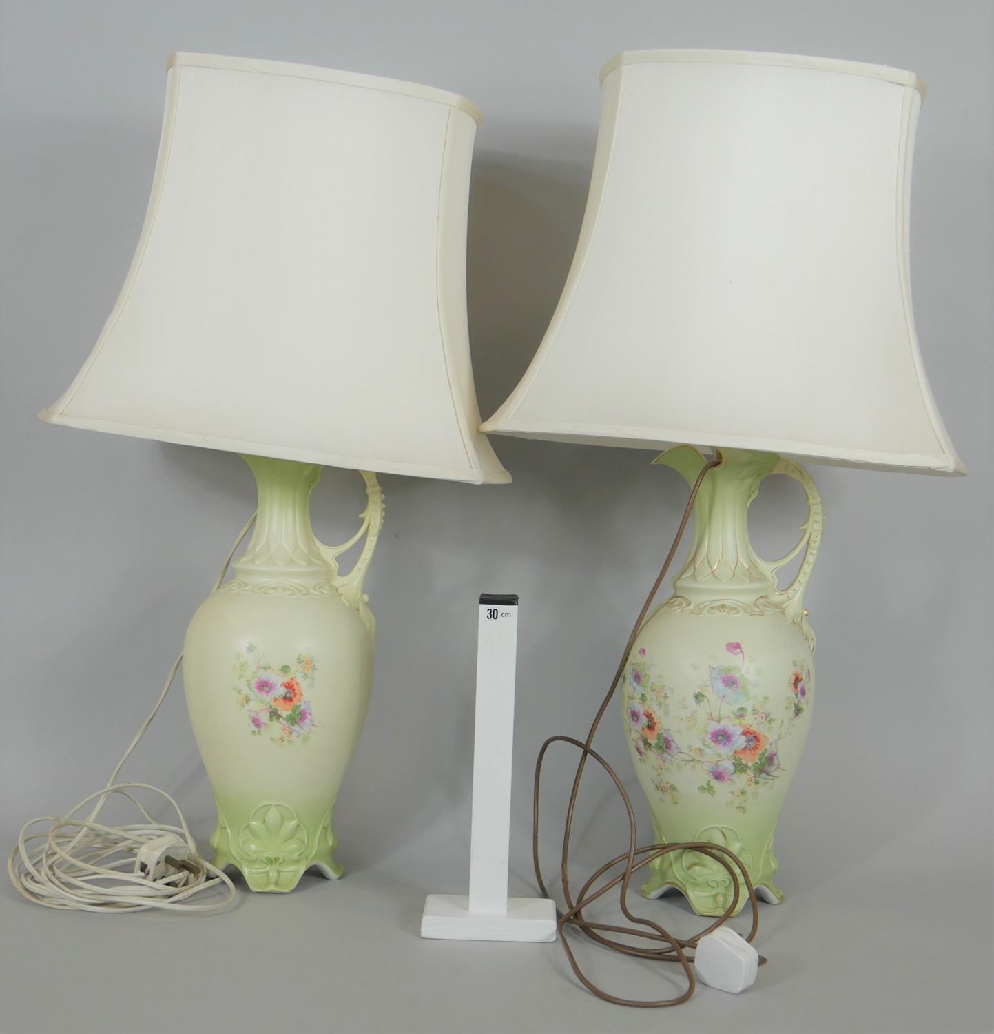 A pair of table lamps and shades converted from hand painted Victorian ewers. H.80cm - Image 6 of 6