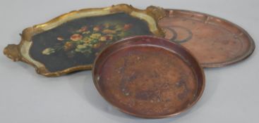 An Italian carved and gilt twin handled tray with hand decorated floral decoration along with two