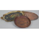 An Italian carved and gilt twin handled tray with hand decorated floral decoration along with two