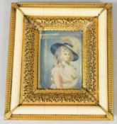 A 19th century faux ivory and gilt metal framed miniature on panel, depicting a young lady in formal