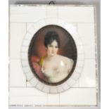 A 19th century ivory mosaic and mother of pearl framed miniature on ivory, depicting a young lady in