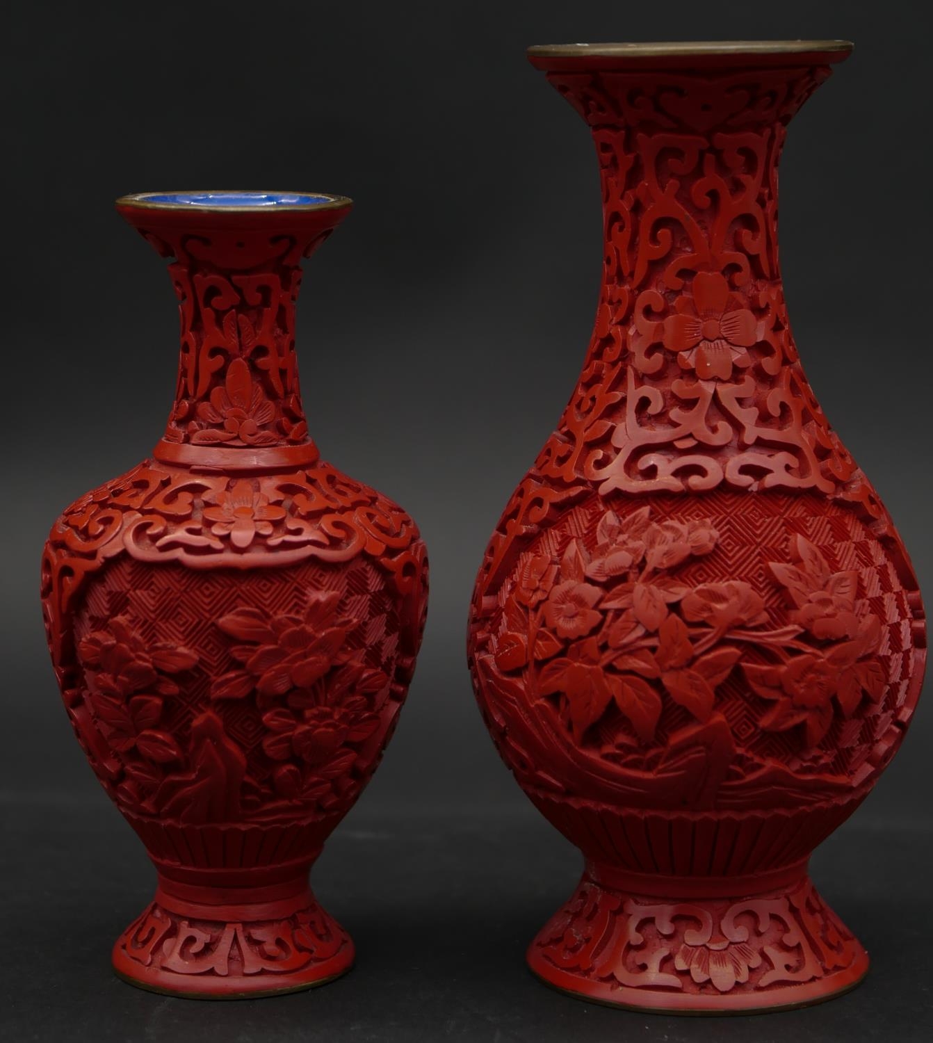 Two carved cinnabar lacquer vases decorated with floral and foliate design, two pieces of Chokin - Image 7 of 15