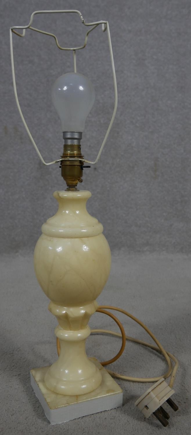 A vintage alabaster table lamp, a pair of painted candelabras and a Chinese style vase. H.53cm ( - Image 2 of 4