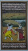 A framed and glazed Indo-Persian Kangra style watercolour miniature of Rag Vasant. With calligraphy.