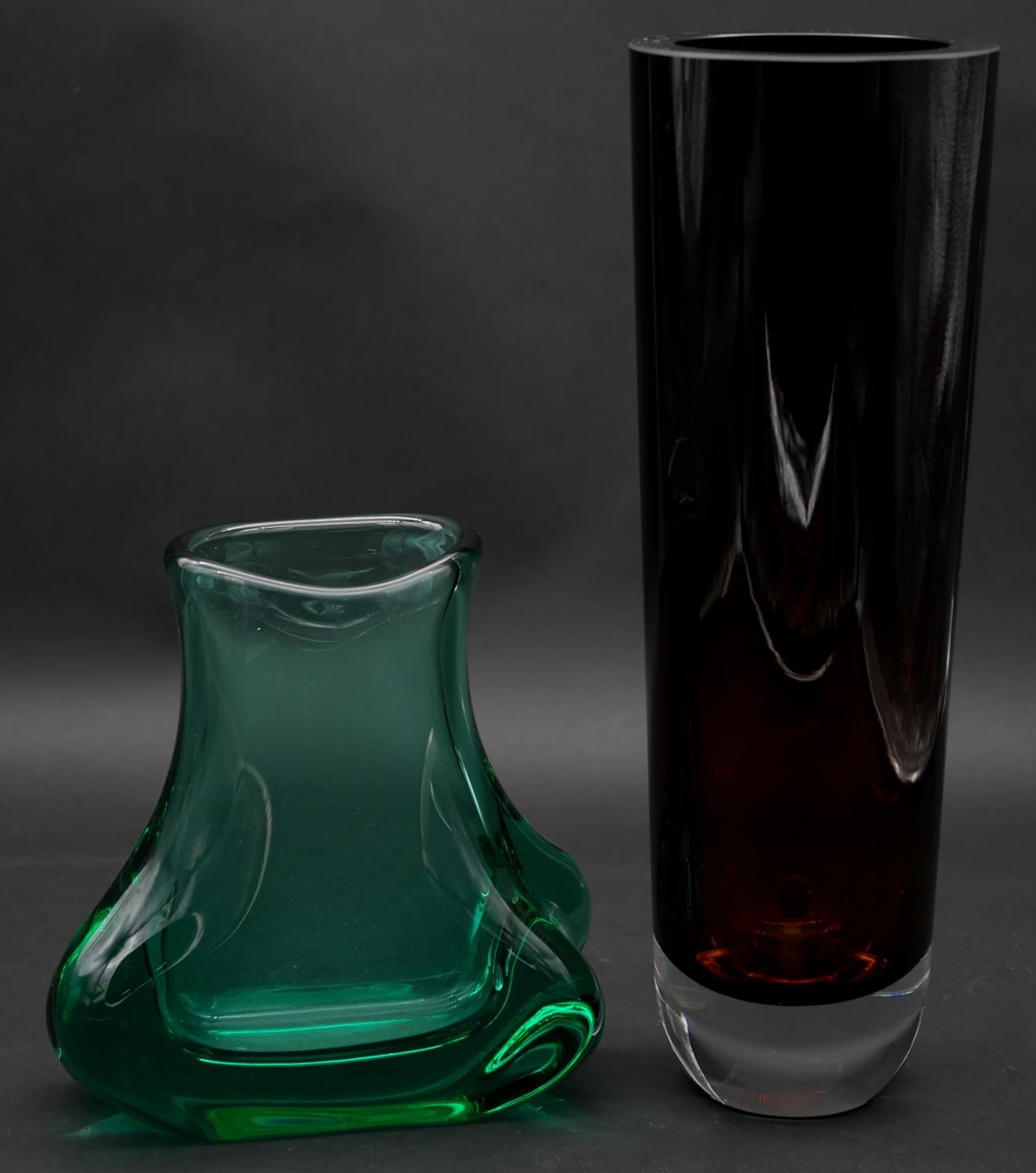 Two Art Glass vases, one with globular form in turquoise and one cylindrical brown cased in clear