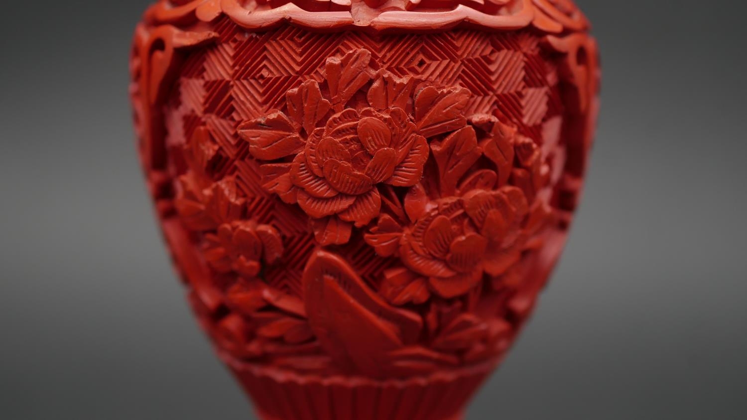 Two carved cinnabar lacquer vases decorated with floral and foliate design, two pieces of Chokin - Image 11 of 15