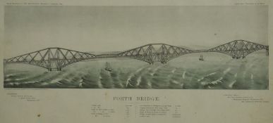 A framed and glazed antique hand coloured engraving of the Forth Bridge by Jordnison & Co designers.