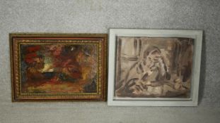 Two framed oils on board. One of a man sitting at a desk and the other depicting figures around a