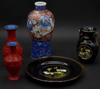 Two carved cinnabar lacquer vases decorated with floral and foliate design, two pieces of Chokin