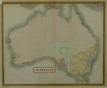 A framed and glazed 19th century hand coloured map of Australia by W & A.K. Johnston. H.62 W.71cm