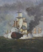 A gilt framed oil on canvas, galleons at sea, indistinctly signed. H.70 W.49cm