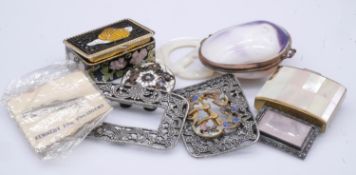 A collection of buckles, boxes and other items. Including A cut steel French buckle, a shell box, an