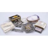 A collection of buckles, boxes and other items. Including A cut steel French buckle, a shell box, an