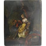 A C.1900 Continental oil on copper plaque depicting an army man with a lady in the woods with his