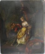 A C.1900 Continental oil on copper plaque depicting an army man with a lady in the woods with his