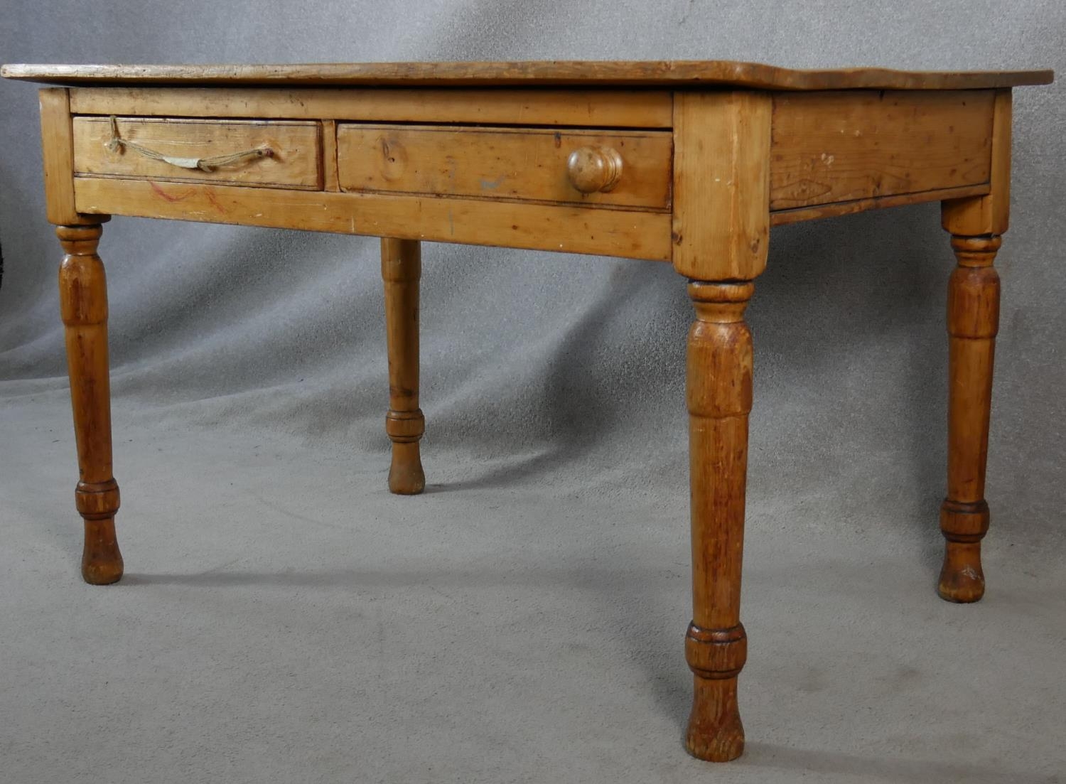 A Victorian pine two drawer side table on turned tapering supports. H.64.5 L.121 W.83cm - Image 8 of 8