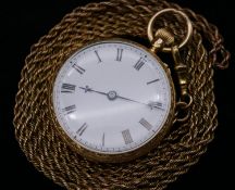 A Victorian 18 carat yellow gold pocket watch with rolled gold rope chain with Albert clip. The