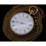 A Victorian 18 carat yellow gold pocket watch with rolled gold rope chain with Albert clip. The