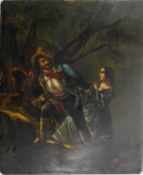 A C.1900 Continental oil on copper plaque depicting a hunter with a lady in the woods. Unsigned. H.