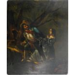 A C.1900 Continental oil on copper plaque depicting a hunter with a lady in the woods. Unsigned. H.