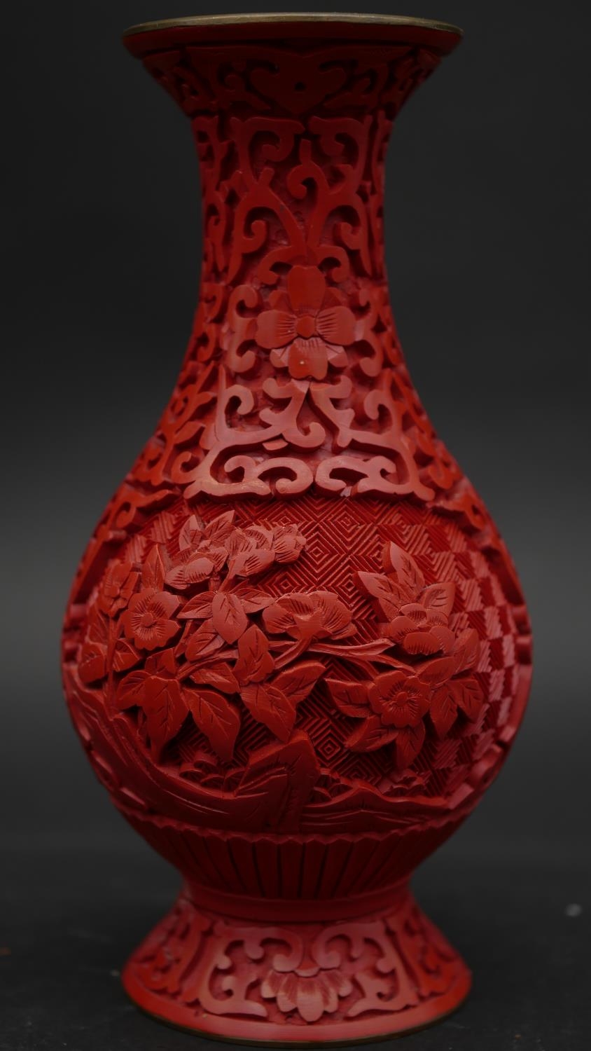 Two carved cinnabar lacquer vases decorated with floral and foliate design, two pieces of Chokin - Image 8 of 15