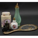 A collection of dressing table items. Including a vaseline swirl glass atomiser, an Art Nouveau