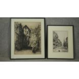 Two framed and glazed signed etchings of town scenes. Both indistinctly signed, one titled Watergate