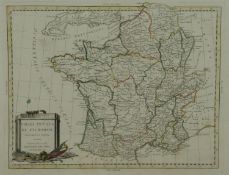A framed and glazed 18th century hand coloured map titled 'Gallia Antiqua ex aevi romani