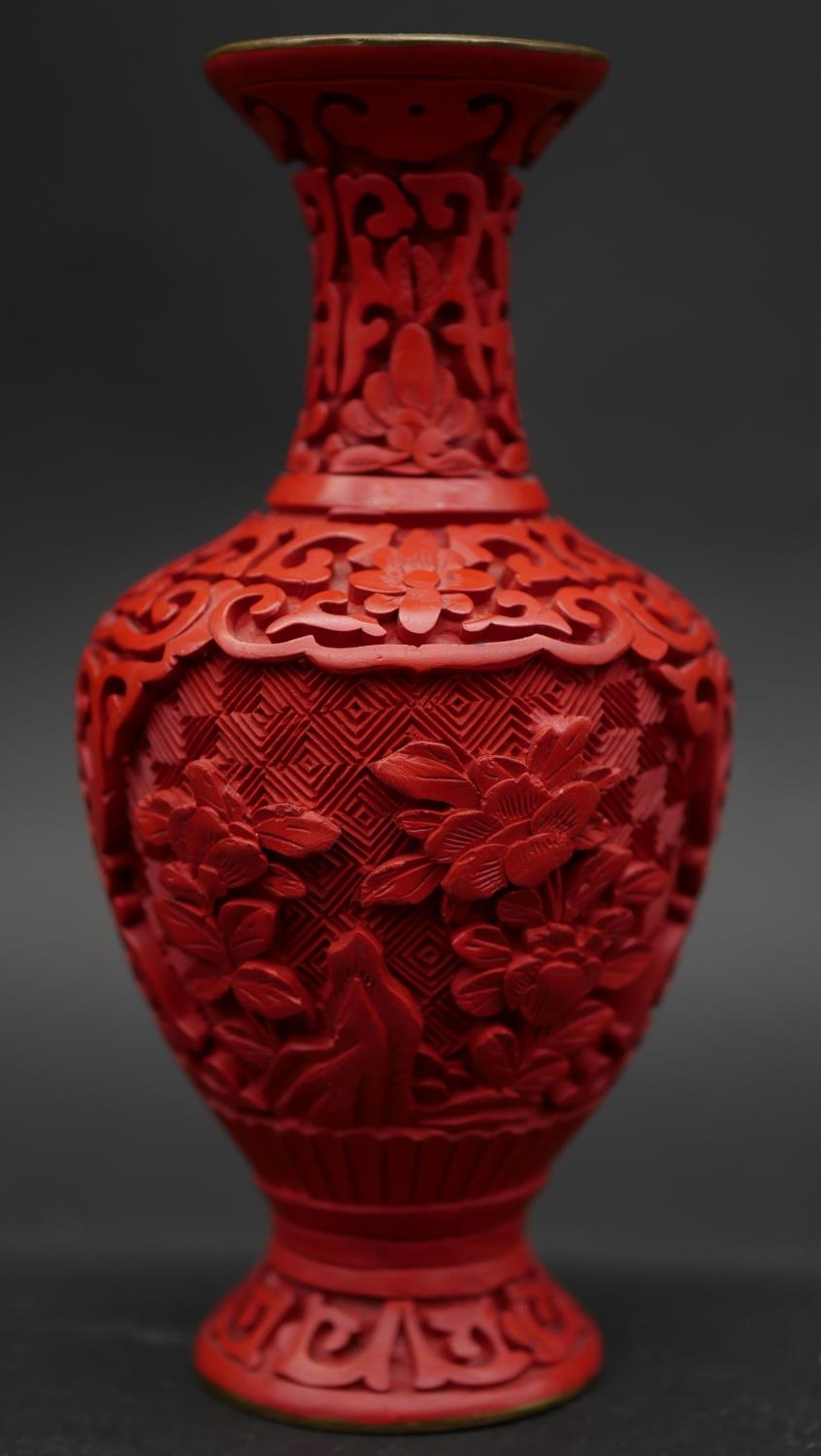Two carved cinnabar lacquer vases decorated with floral and foliate design, two pieces of Chokin - Image 10 of 15