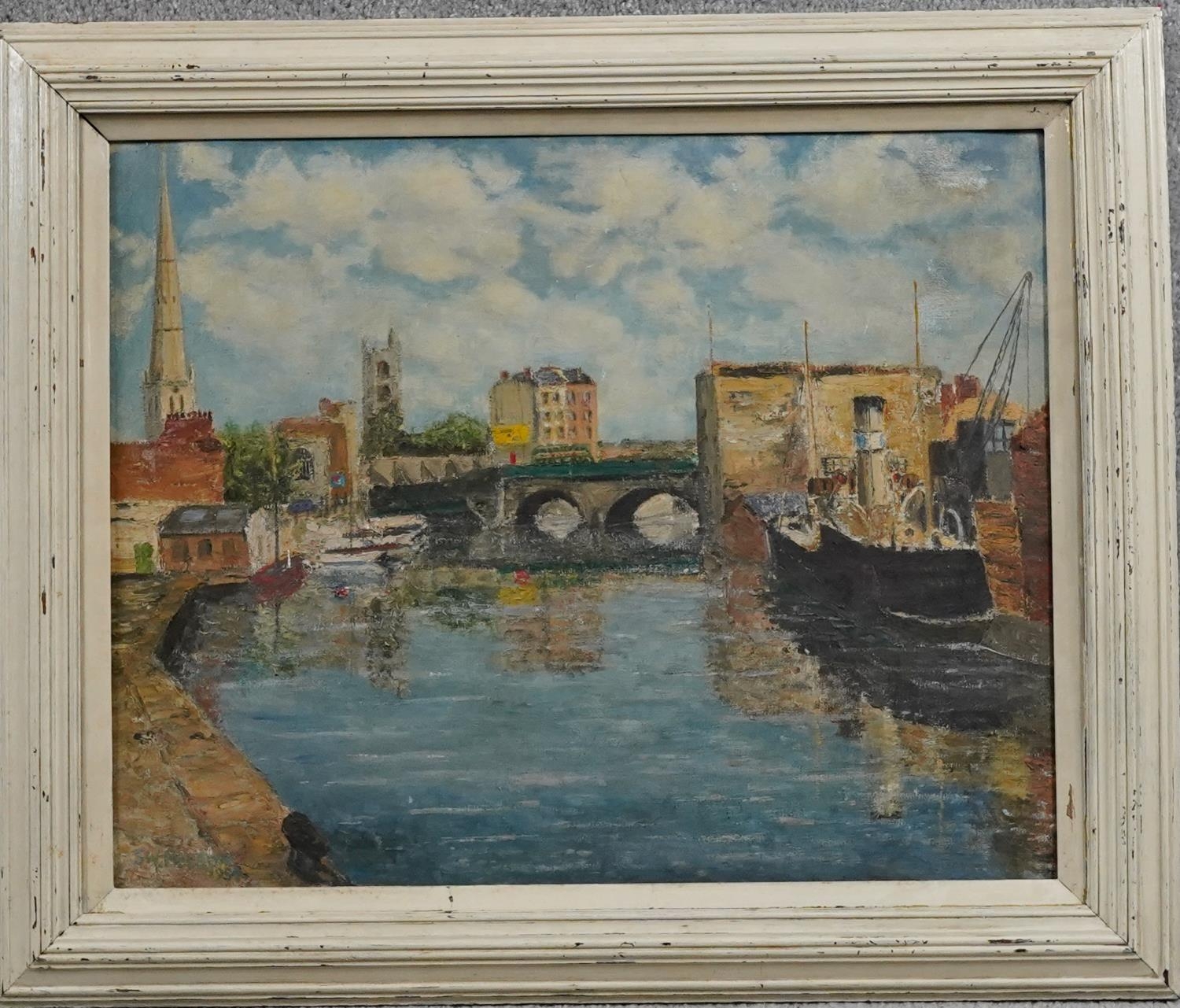 Oil on board, Bristol Bridge from Welsh Backs, signed and dated S W Nelson 1954 and a still life oil - Image 2 of 9