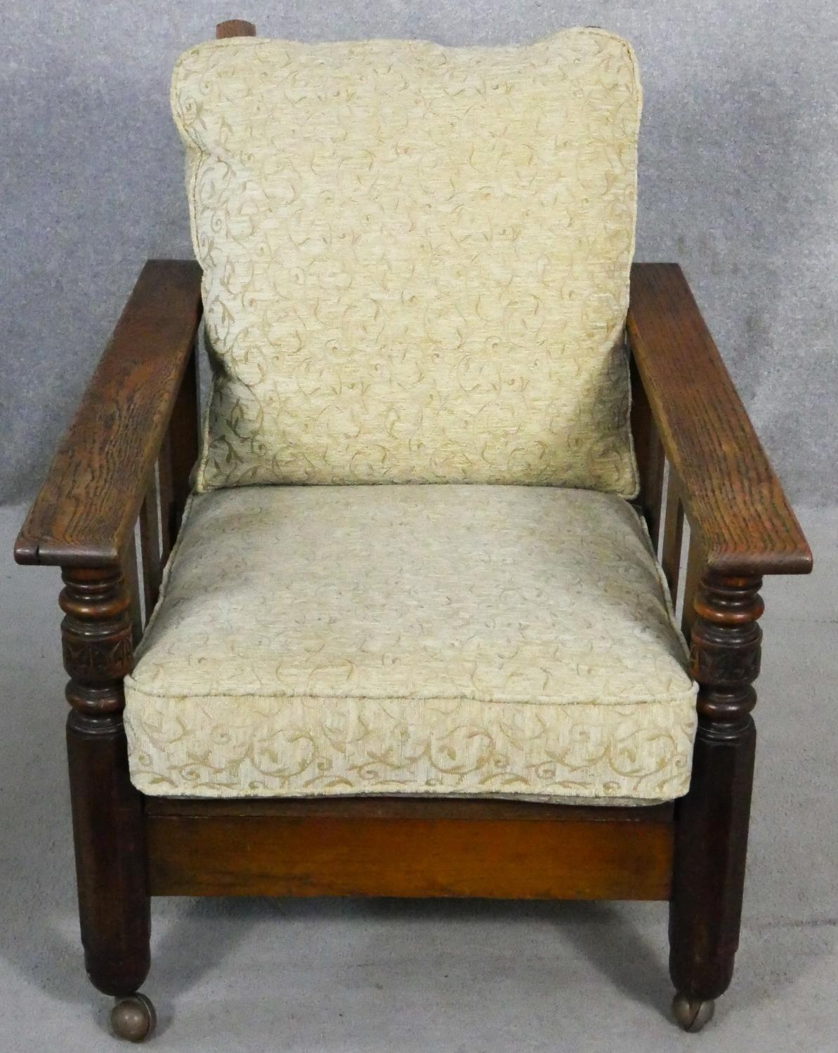 A pair of mid century oak framed armchairs with sliding reclining action newly upholstered in cut - Image 3 of 6