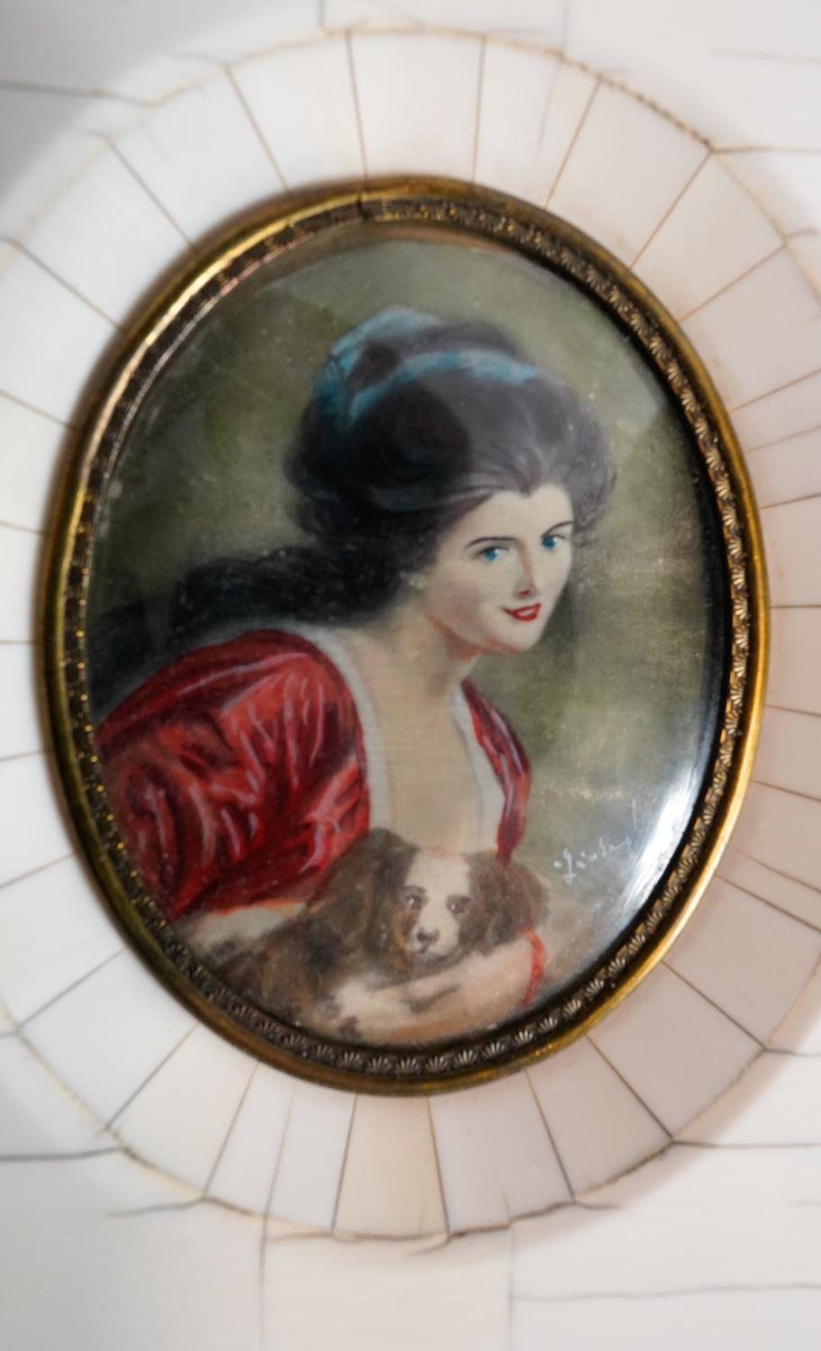 A 19th century ivory mosaic and mother of pearl framed miniature on ivory, depicting a young lady in - Image 3 of 6