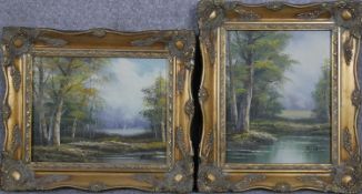 Two oils on canvas, lakescapes in ornate gilt frames. H.30 W.34cm