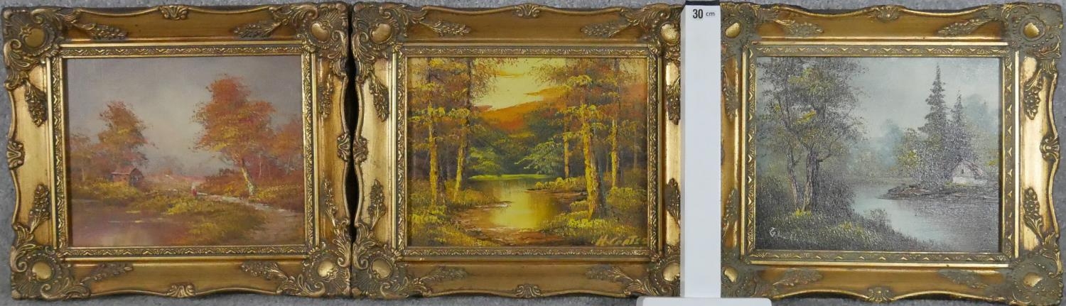 Three oils on canvas, Alpine landscapes in ornate gilt frames.H.30 W.34cm - Image 13 of 13