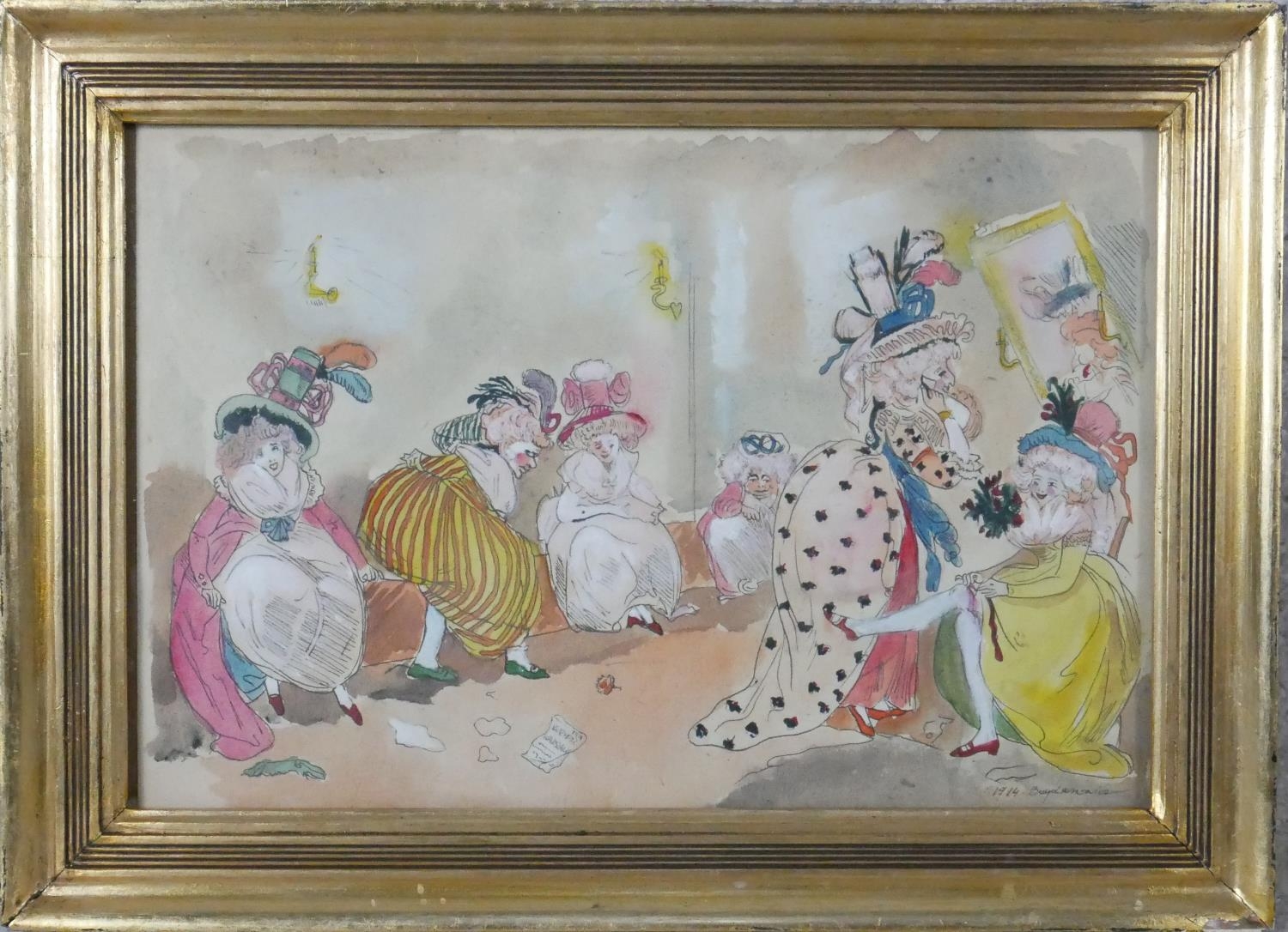 A gilt framed and glazed Continental watercolour, an 18th century ladies dressing room scene, - Image 2 of 6