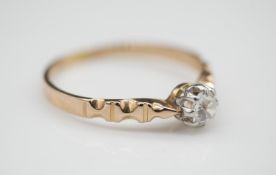 A French antique 18 carat rose gold and old mine diamond solitaire ring. Set to centre with a
