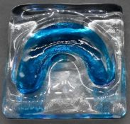 A 1970's blue and clear square Barbini Murano glass ashtray with horseshoe shaped indent. Signed