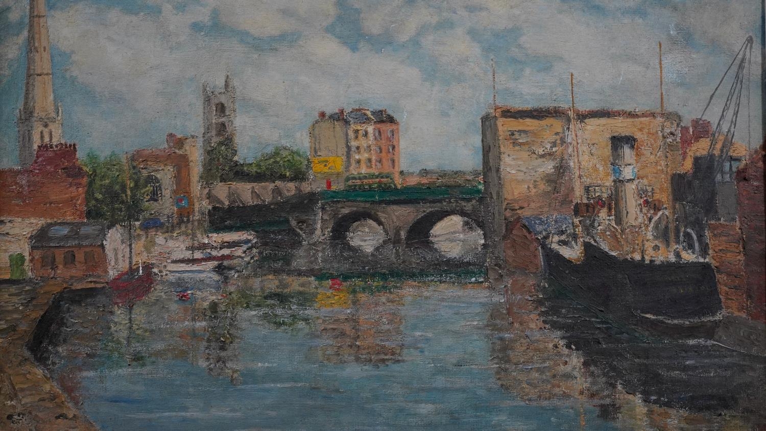 Oil on board, Bristol Bridge from Welsh Backs, signed and dated S W Nelson 1954 and a still life oil - Image 3 of 9
