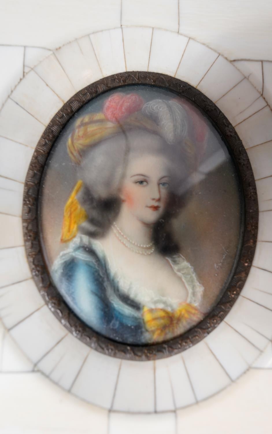 A 19th century ivory mosaic and mother of pearl framed miniature on ivory, depicting a young lady in - Image 3 of 5