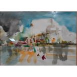 A framed and glazed Impressionist style watercolour, London skyline. H.62 W.46cm