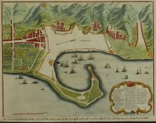A framed and glazed 19th century hand coloured plan of the works of the city Messina by Basiere. H.