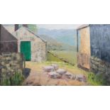 A framed oil on canvas, pigs in a farmyard in Breacon, signed M O Howarth and inscribed to the