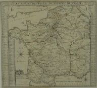 A framed and glazed antique map of 'Les Routes des postes du royaume de France' by Nicolas de Fer.