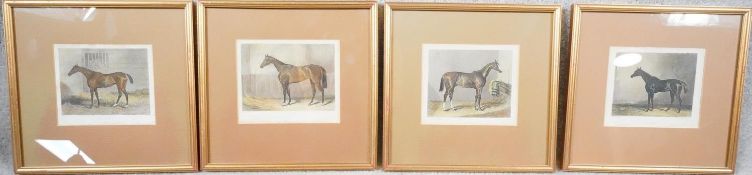 Four framed and glazed 19th century hand coloured engravings of famous race horses, including Pussy,