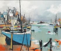 A framed oil on canvas, 1960's stylised boats in a harbour, indistinctly signed. H.60 W.120cm