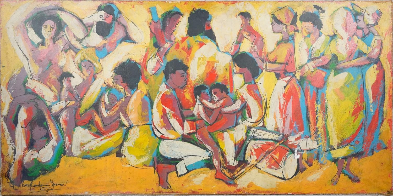 Ken Abendana Spencer - Oil on canvas, figures in a large group, signed and dated. H.76 W.154cm