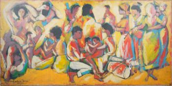 Ken Abendana Spencer - Oil on canvas, figures in a large group, signed and dated. H.76 W.154cm
