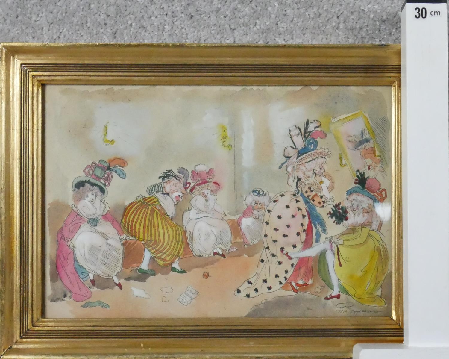 A gilt framed and glazed Continental watercolour, an 18th century ladies dressing room scene, - Image 6 of 6