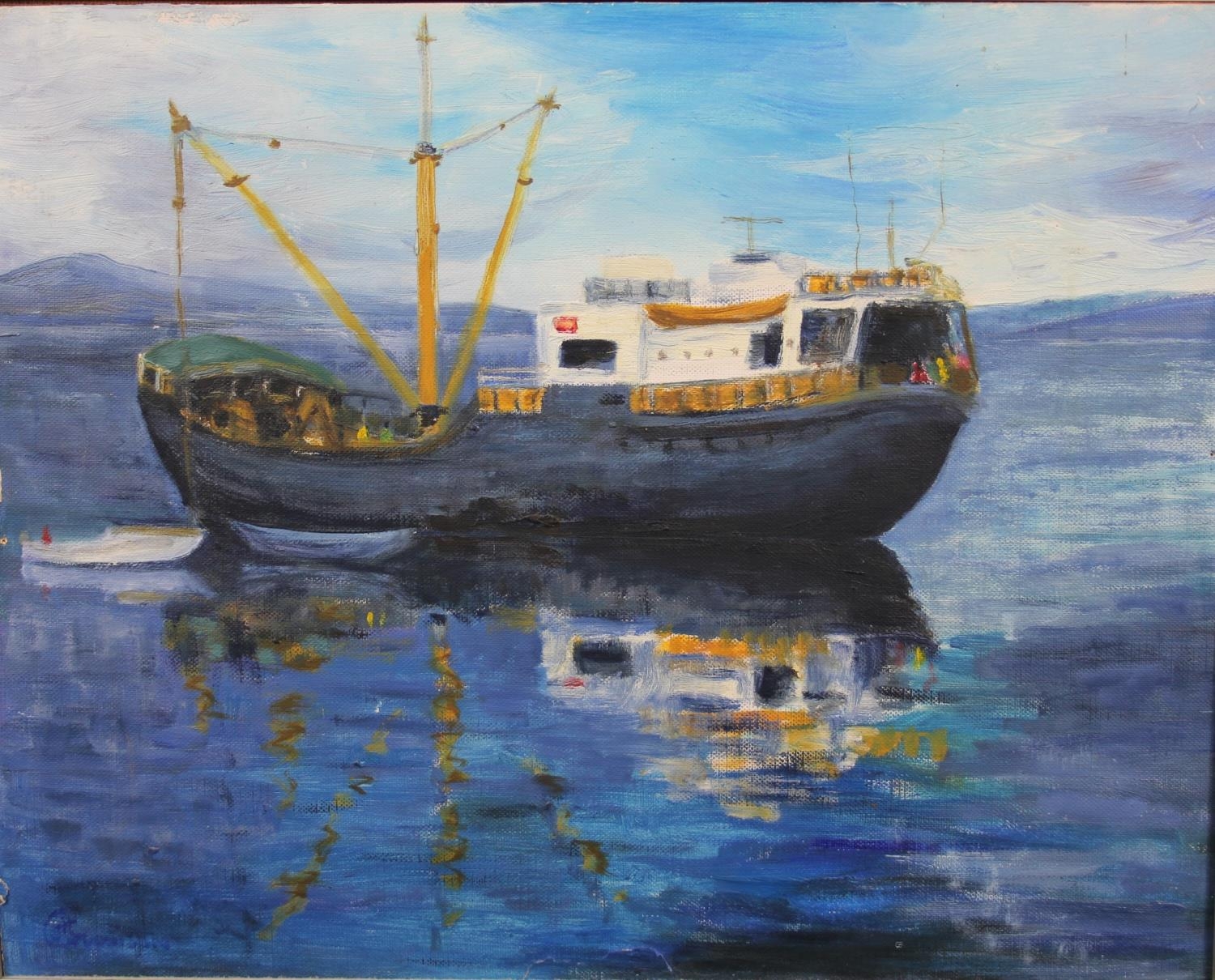 An oil on board, fishing trawler at anchor, indistinctly signed. H.41 W.51cm